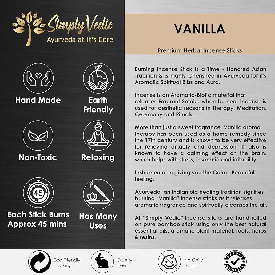 Simply Vedic Vanilla Incense Sticks – 250g Pack  | Charcoal-Free | Natural Essential Oils for Meditation, Sleep, Mood, Yoga & Aromatherapy Use