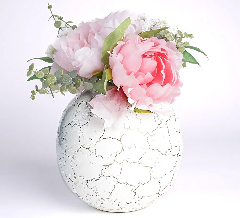 BEHOMA Metal Ball Vase for Home Decor|Round Flower Pot for Bedroom Living Room Office Wedding|Flowers Arrangement for Birthday Anniversary Festival|Off-White Crackled Medium 