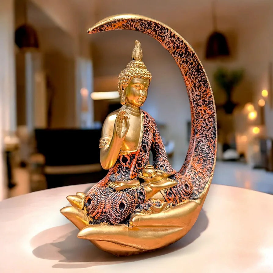 NEELAYA Antique Meditating Moon Buddha Showpiece | Polyresin Statue for Home Decor, Living Room, Office | Housewarming, Gifting 