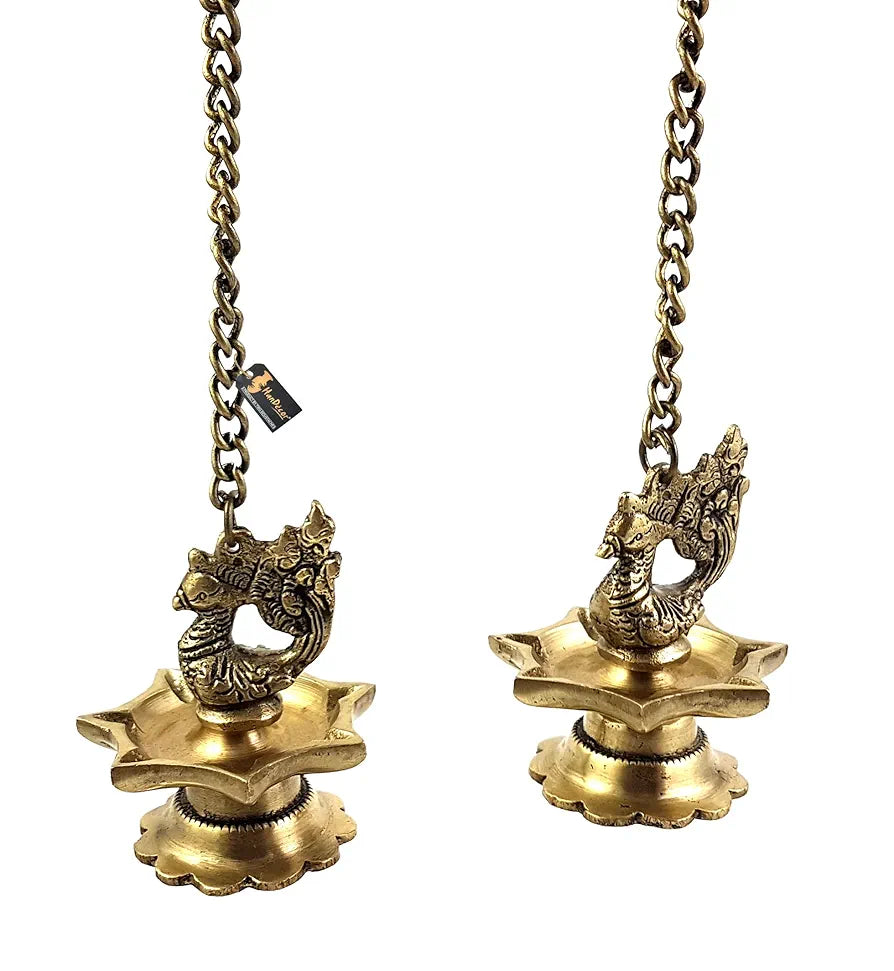 Two Moustaches Brass Peacock Carved Hanging Diya Set, Antique Yellow -Pack of 2, Standard