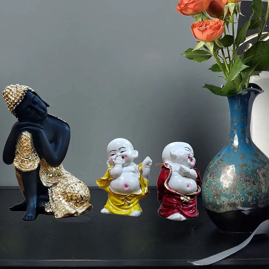 MARINER'S CREATION Polyresin Divine Resting Buddha Idol with Two Child Monks Showpiece for Home Decor 