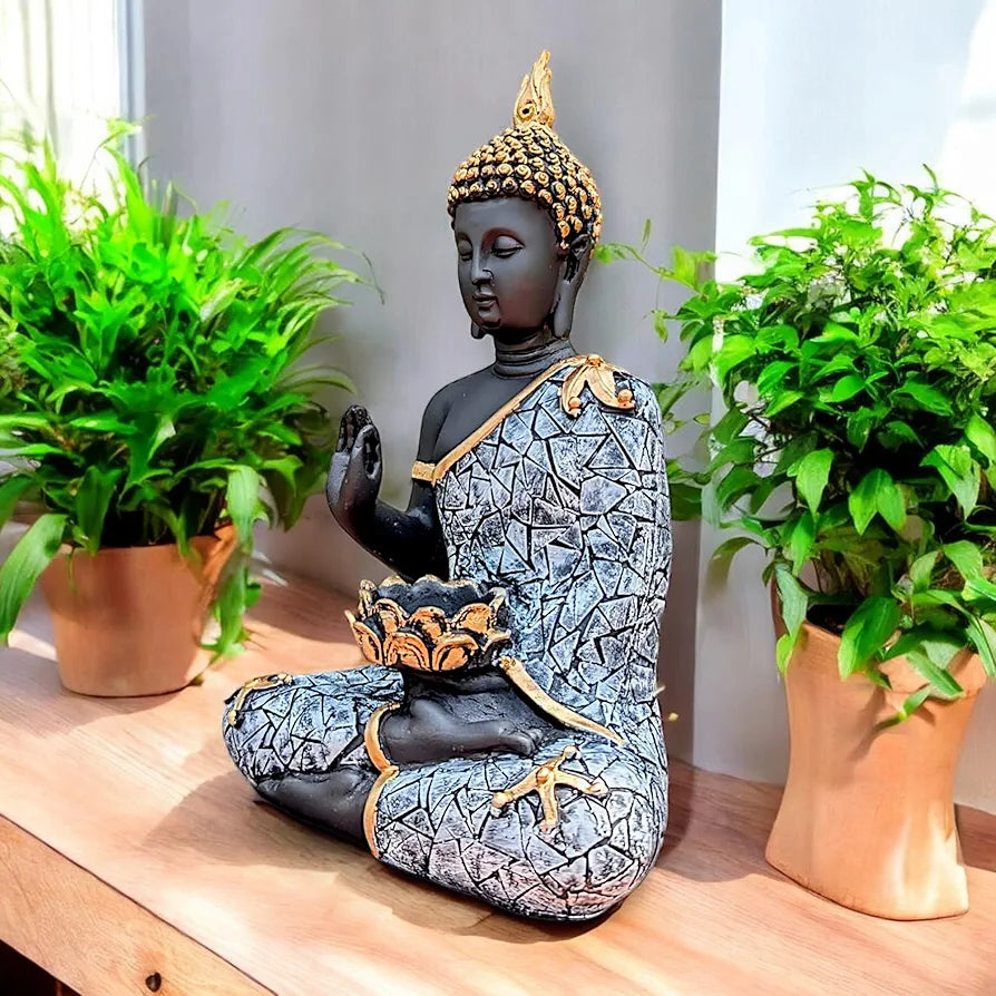 NEELAYA Meditating Buddha Statue with Tealight Holder Polyresin Showpiece for Home Decor Living Room Office Table Vastu Gift Housewarming 28 cm Black Grey