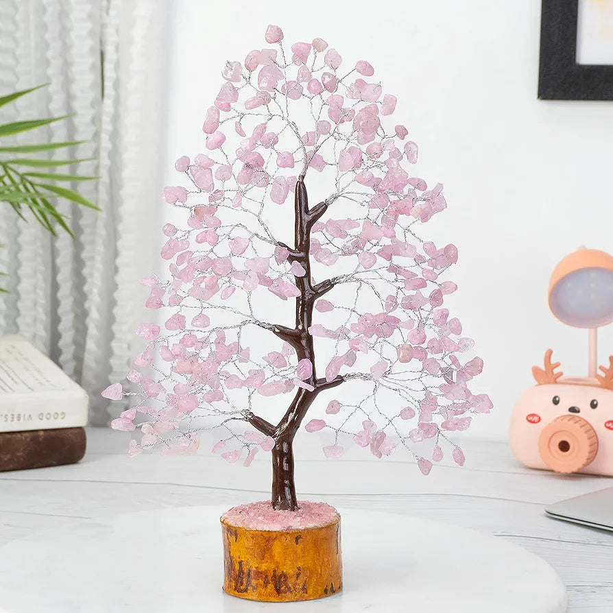 HindCraft Rose Quartz Crystal Tree - Good Luck Showpiece for Home Decor Items - Crystals Gemstones - Money Tree for Good Luck - Decoration Gift Item - Pink Stone - Home Office Decoration Showpiece