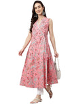 Janasya Women's Pink Cotton Floral Print Angrakha Kurta - 3XL