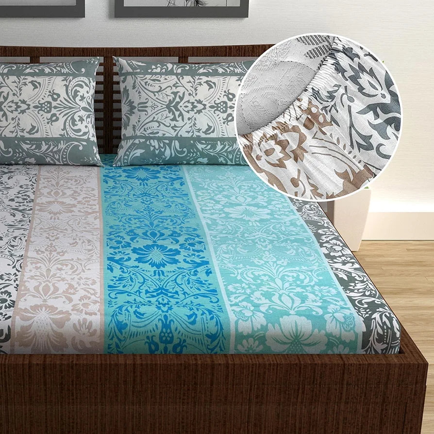 Divine Casa 144 TC 100% Cotton Floral Grey Breathable Bedsheet Double Size Bed Cotton Elastic Fitted - 150 x 200 CM