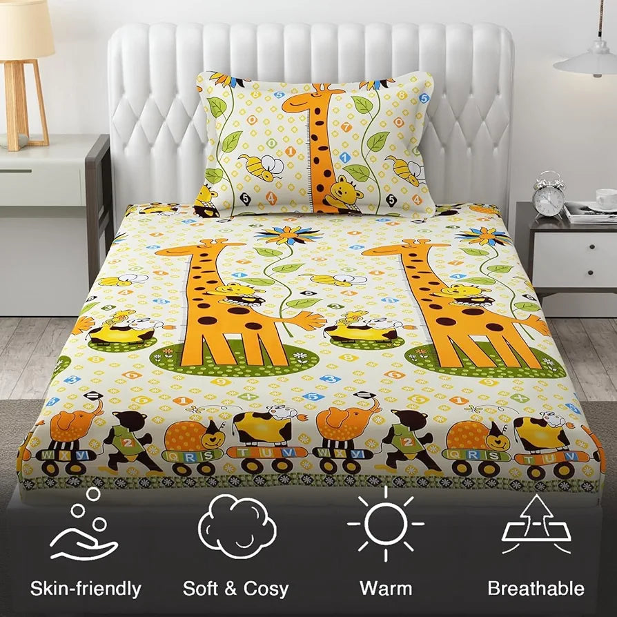 FRESH FROM LOOM Glace Cotton Wrinkle Free Soft Hypoallergenic Bed Sheet|Cartoon Printed|Single Bedsheet With One Pillow Cover Kids Bedsheet For Boys&Girls Room,144 tc,Multicolor