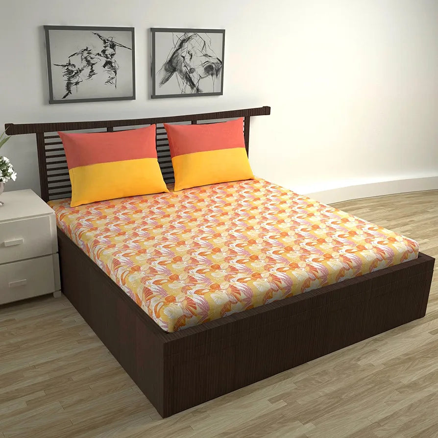 Divine Casa 144 TC Pure Cotton Double Bed Bedsheet with 2 Pillow Covers | Smooth & Comfortable for Daily Use | All-Weather Coziness & Bedroom Style | Size 222 x 254 CM | Regal Paisley | Peach Yellow