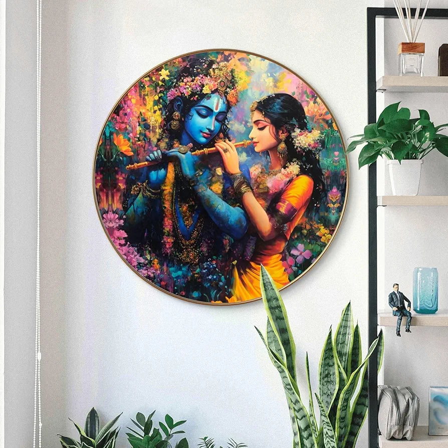 Livin'luxe paintings Radha Krishna Divine Love Wall Painting with Frame - Sparkle Glossy Round Golden Framed Large Painting for Office, Living Room, Bedroom, Home Wall Decoration