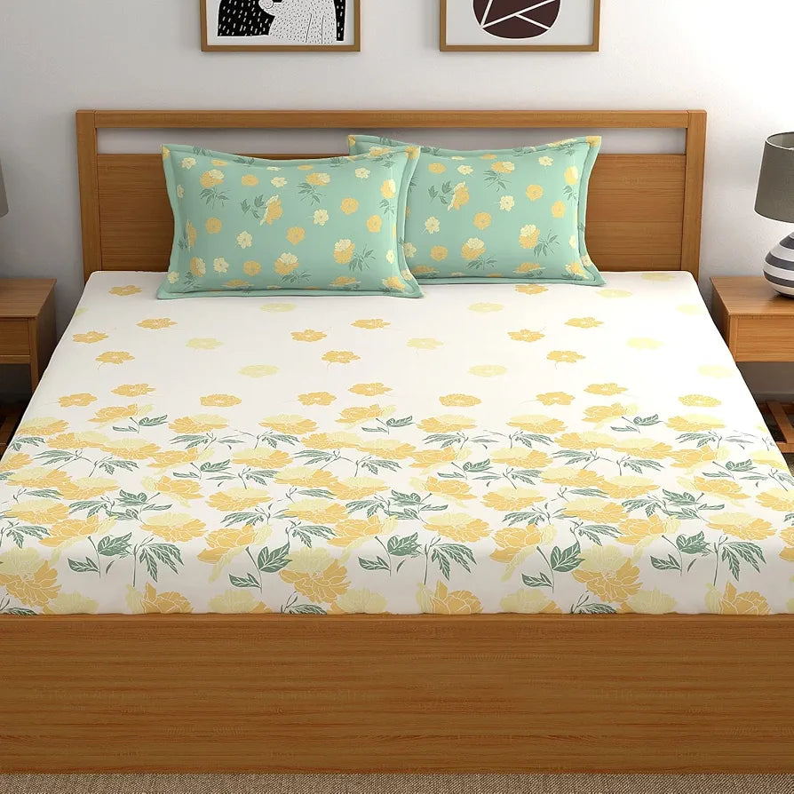 Dreamscape 100% Cotton Floral King Fitted Bedsheet with 2 Pillow Covers - 