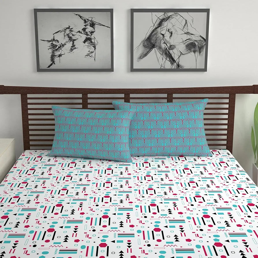 Divine Casa - 144 TC Super Soft Cotton Bedsheet for Double Bed  144 Thread Count - Abstract, Red, Teal & White| 222 x 254 cm