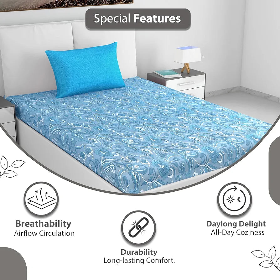 Divine Casa 144 TC 100% Pure Cotton Single Size Bedsheet with 1 Pillow Cover | Soft & Skin-Friendly Fabric for Everyday Comfort | All-Season Use | Size 223 X 145 CM | Floral Paisley | White Aqua Blue