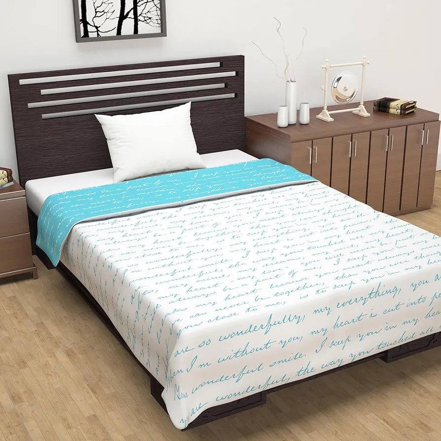 Divine Casa 120 GSM Microfiber Single Dohar | Soft & Lightweight Throw Blanket | Cozy & Breathable | All-Season Comfort | 210 x 140 CM | Typographic Pattern | Sky Blue & White