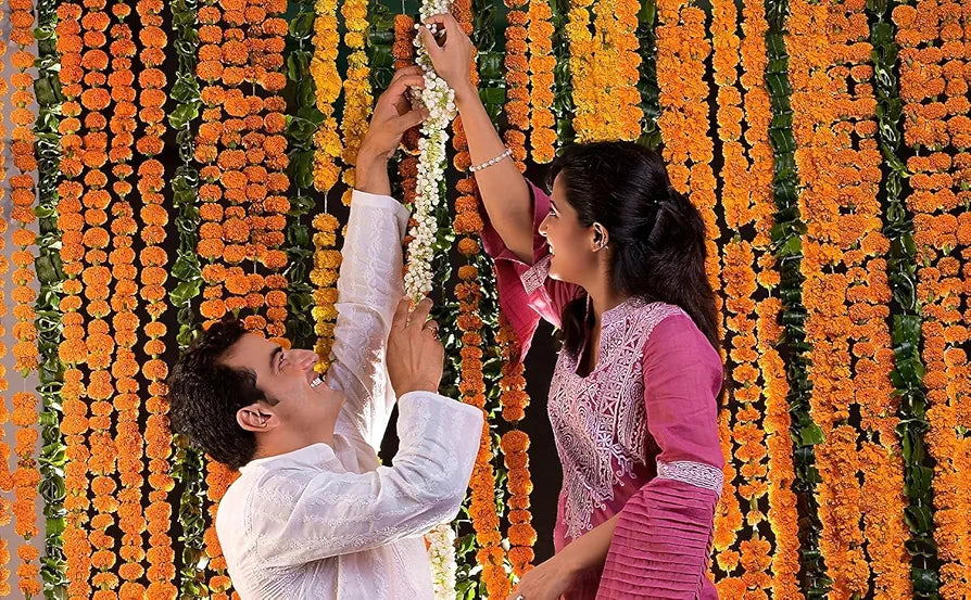 HOME BUY Artificial Marigold Flowers For Decoration Garland For Navratri,Ganpati, Diwali & Festivals Home Decoration Item | 5 Feet Long 5 Pcs , 152.40 CM