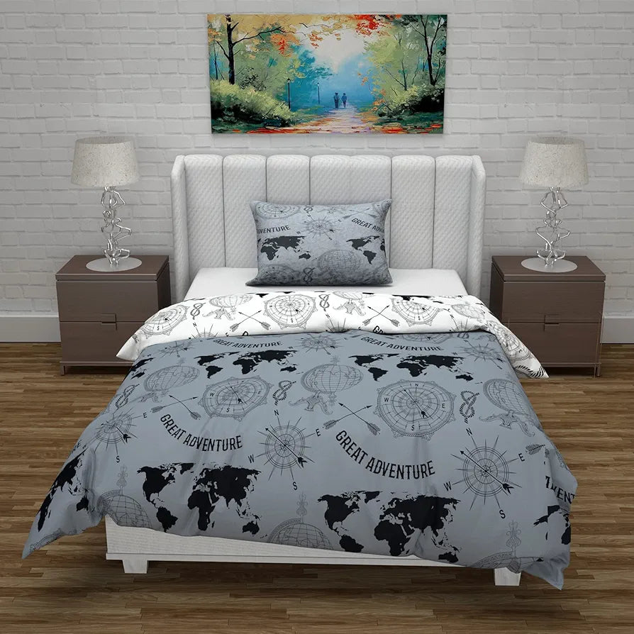 Divine Casa Microfiber Reversible Single Bed AC Duvet Cover with 1 Pillow Cover for Quilt/Comforter/Blanket - Grey & White