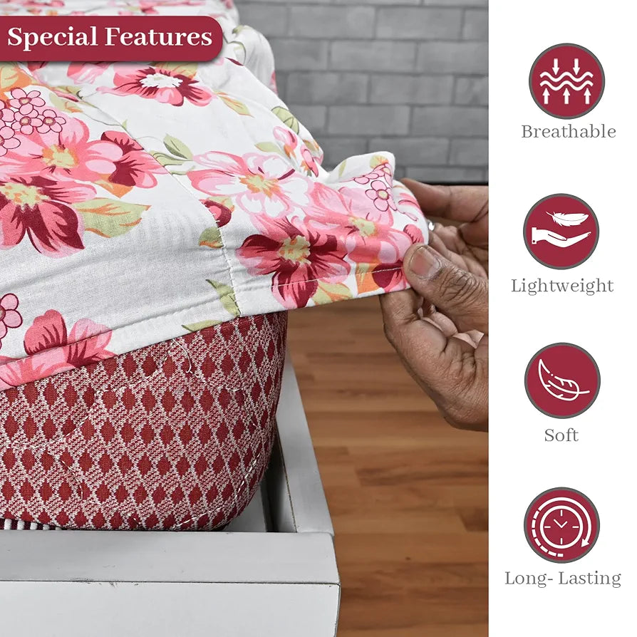 Divine Casa Floret 100% Cotton King Fitted Bedsheet | 144 TC | Deep Pocket Design | Soft & Breathable Fabric | Durable & Easy Care | 200 x 185 + 25 CM, Rosy Retreat