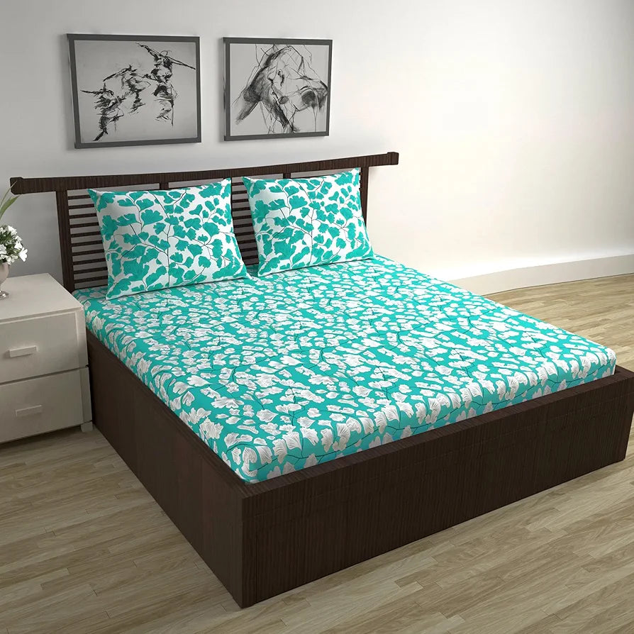 Divine Casa - 144 TC Super Soft Cotton Bedsheet for Double Bed  144 Thread Count - Floral, Teal & White| 222 x 254 cm