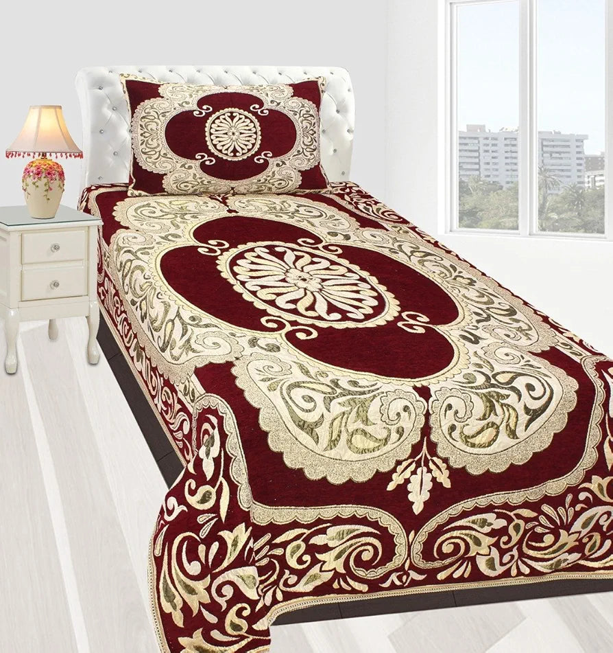 Fresh From Loom Velvet Abstract Design Single Bedsheet Size - 58x90 inch Maroon with 1 Pillow Covers