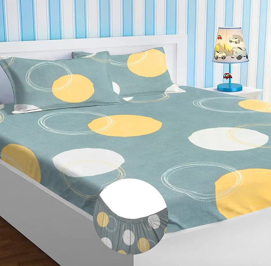 HOMEKART Premium Cotton Elastic Fitted Bedsheets with 2 King Size Pillow Covers Double Bed with All Around Elastic Supersoft Size - 72 x 78 +10 inches Cricle Printed Grey & White 200 tc - 220 tc