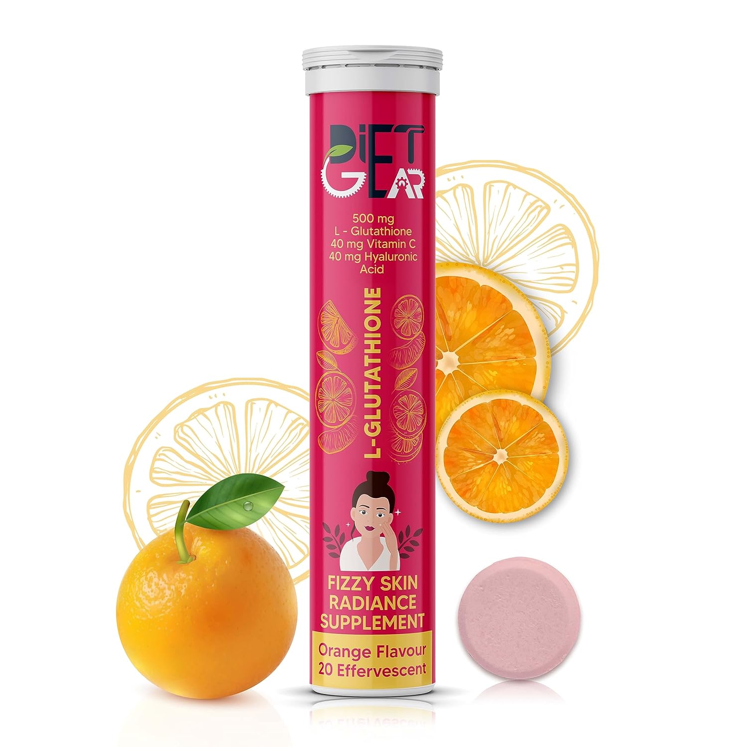 Diet Gear L Glutathione 500 mg Orange Flavour Antioxidants- 20 Tablets -  Swadesii