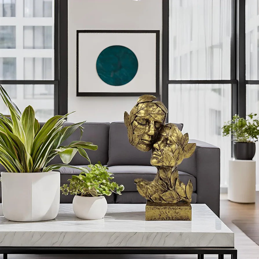 ALILA Golden Leaf Couple Faces Statue Showpiece Idol for Gifting & Home Table Decoration Vastu Lucky, 12.5 Inches Height, Home Decor