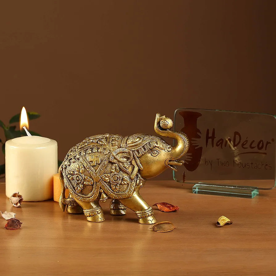 Two Moustaches Om and Swastika Carving Brass 7 Inches Elephant Showpiece, Weight - 1.6 Kg, Standard, Pack of 1