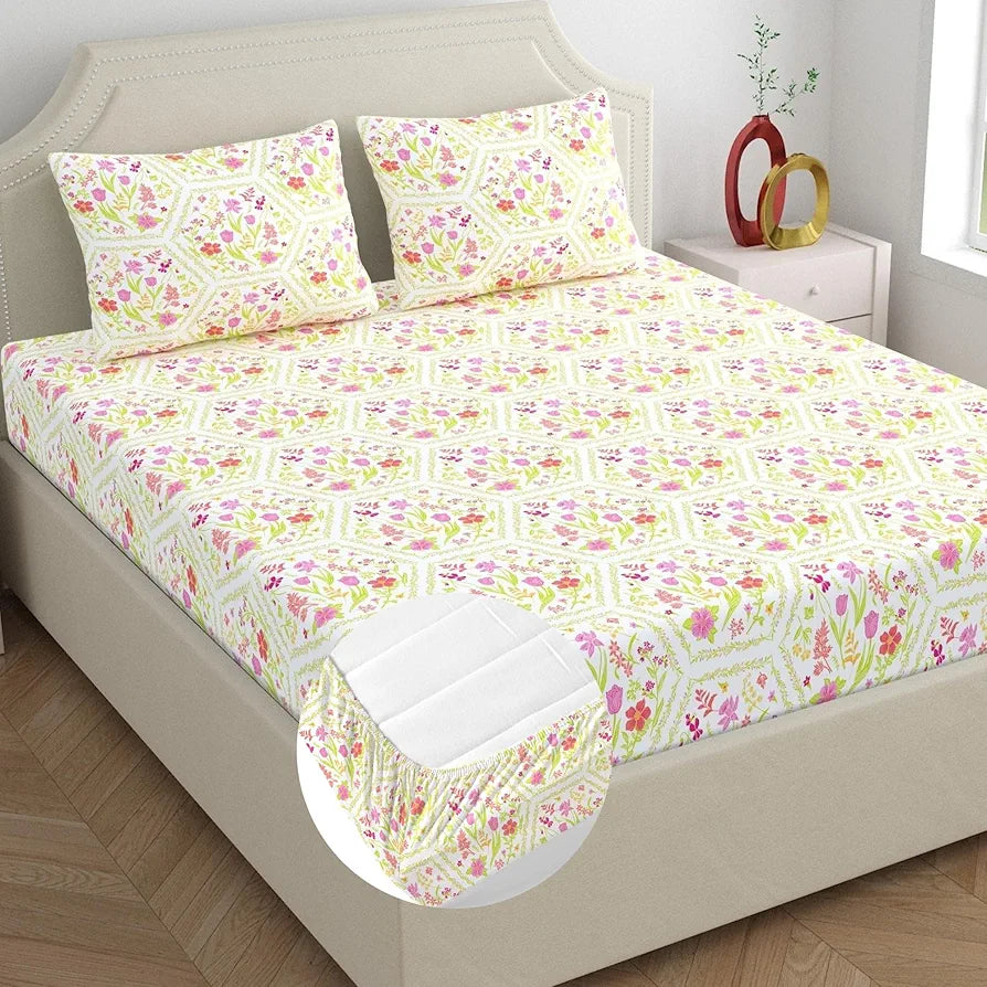 Dreamscape 100% Cotton King Fitted Bedsheet with 2 Pillow Covers - 