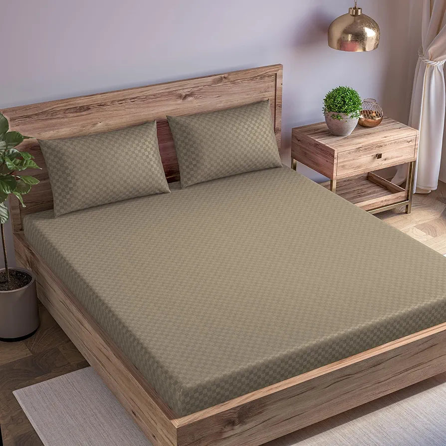 Trance Home Linen 300Tc Pure 100% Cotton Solid Queen Size Jacquard Weave Fitted Bedsheet with 2 Pillow Covers-,Grey