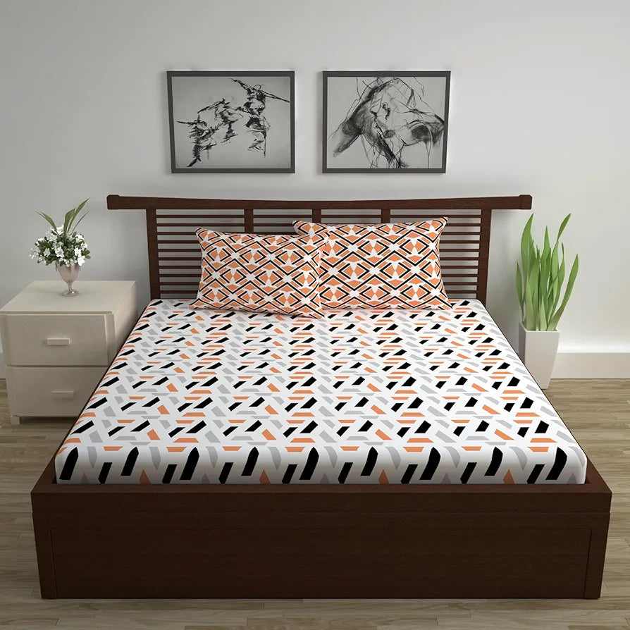 Divine Casa Double Size Bedsheet for Double Bed, 144 TC Pure Cotton Queen Size with 2 Pillow Covers | 222 by 254 cm | Abstract | Peach & Black