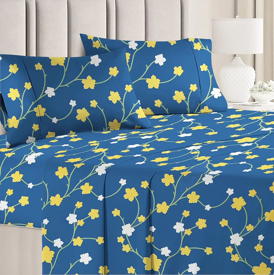 HOMEKART 100% Microfiber bedsheet for Double Bed with 2 Pillow Covers Breathable | Wrinklefree and Soft Touch 144 TC Pattren Floral Blue and Yellow| TC - 144