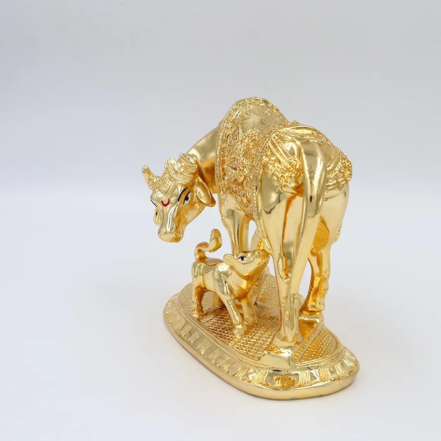 JAIPUR ACE Kamdhenu Cow with Calf Statue, Standard Size, Golden   
