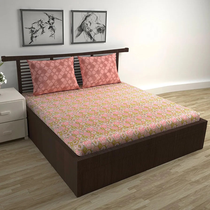 Divine Casa 144 TC Pure Cotton Double Bedsheet with 2 Pillow Covers | Smooth & Comfortable for Daily Use | All-Weather Coziness & Bedroom Style | 222 x 254 CM | Geo Nordic Hexa | Mustard Rose Pink