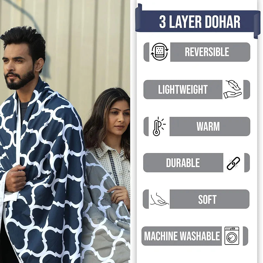 Divine Casa 120 GSM Microfiber Single Kids Dohar  | Soft & Lightweight Throw Blanket | Cozy & Breathable | All-Season Comfort | 140 x 100 CM | Moroccan Pattern | Deep Blue