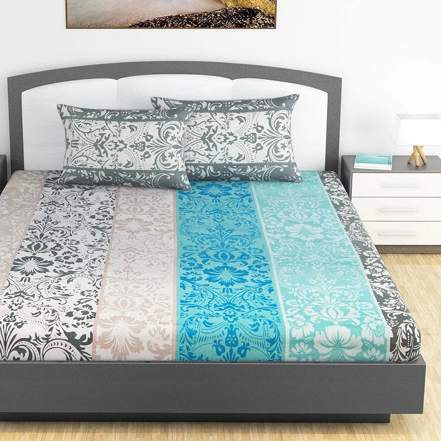 Divine Casa 100% Cotton 144 TC King Size Bedsheet with 2 Pillow Covers | 270 by 270 cm | Grey & Blue | Floral