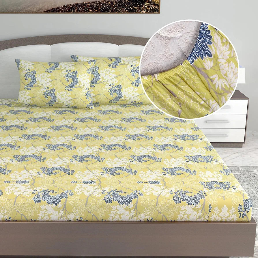 Divine Casa 144 TC Floral Green 100% Cotton Elastic Fitted Bedsheets King Size with 2 Pillow Covers - 78 x 72 inches