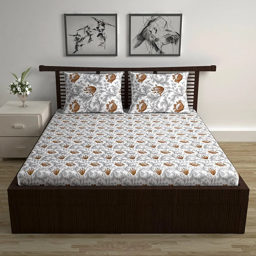 Divine Casa Double Size Bedsheet for Double Bed, 144 TC Pure Cotton Queen Size with 2 Pillow Covers | 222 by 254 cm | Floral | Amber Grey