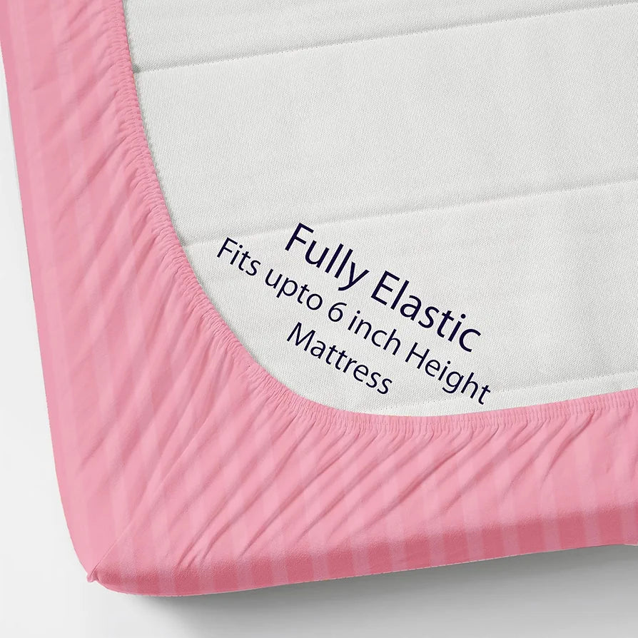 Homefab India 160 TC Stripe Cotton Feel Glace Cotton Elastic Fitted King Size Double Bed Bedsheet with 2 Pillow Covers Fits Upto 6 inches Mattress, Size-72X78 inches, Baby Pink
