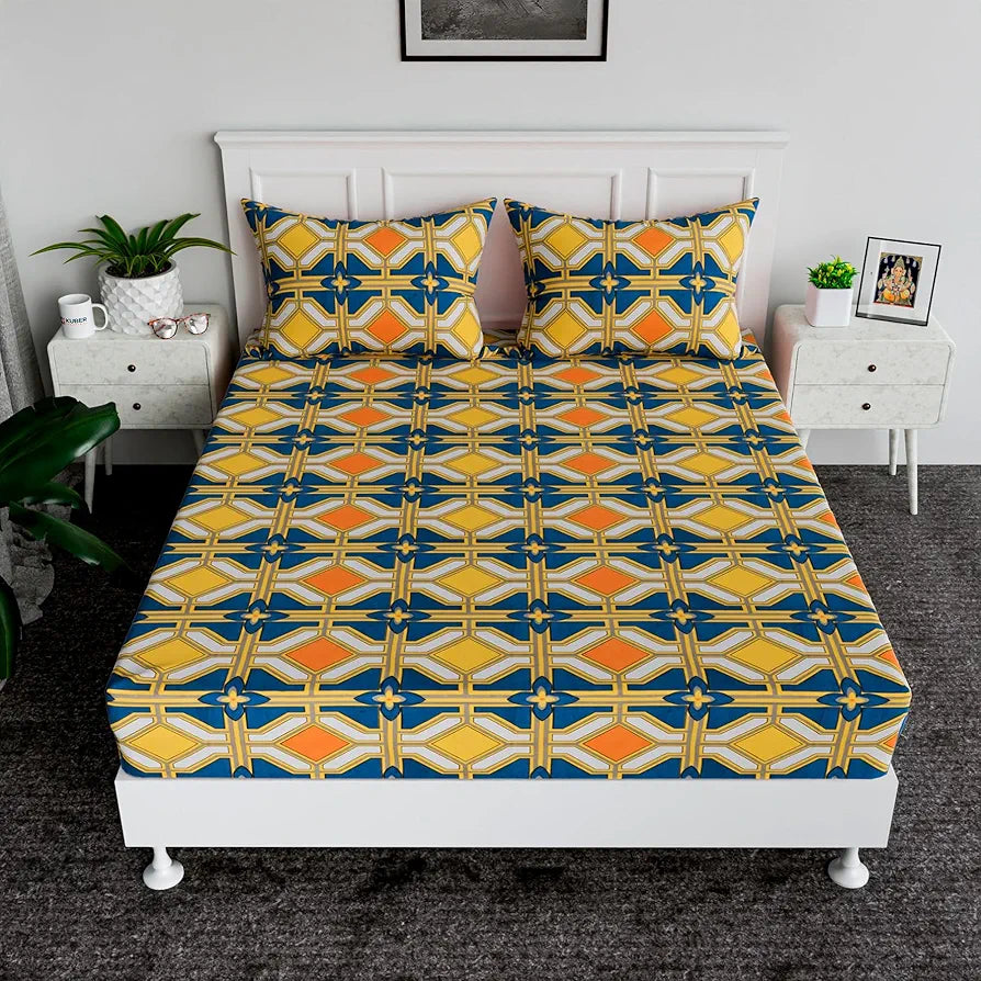 Kuber Industries Double Bedsheet | Premium Cotton 120 TC Bedsheet with 2 Pillow Covers for Living Room and Bedroom| Zig Zag-Design | 90X108 Inch | Green & Orange