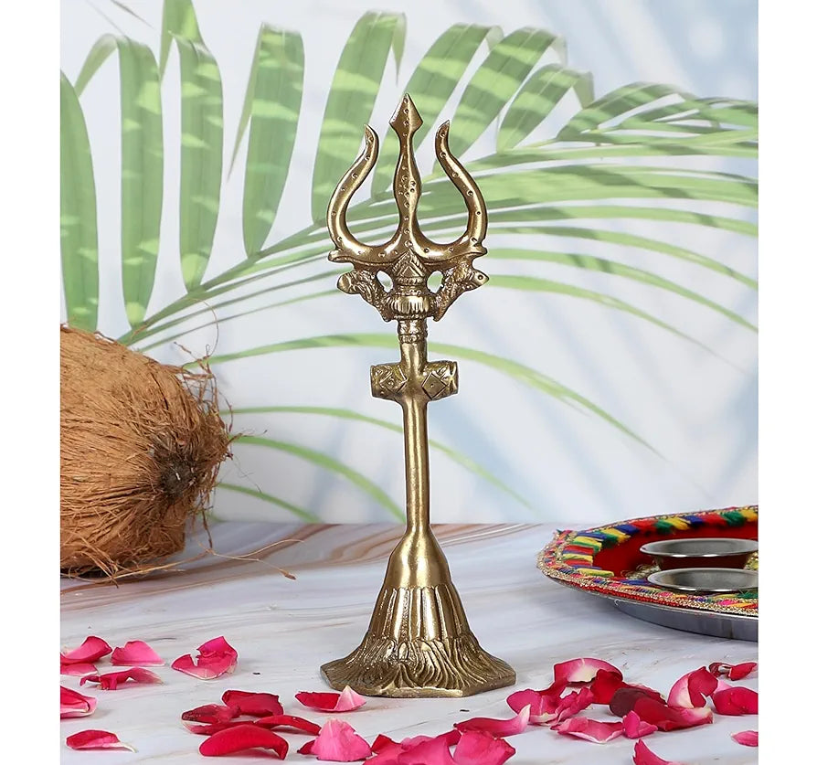 Two Moustaches 8 Inches Brass Shiva's Trishul with Damru, Antique Finish, Brass Mahadev Trishul with Damru Figurine, Shiva Trishul Statue, Solid Brass Heavy Weight 370 Grams, Standard, Pack of 1