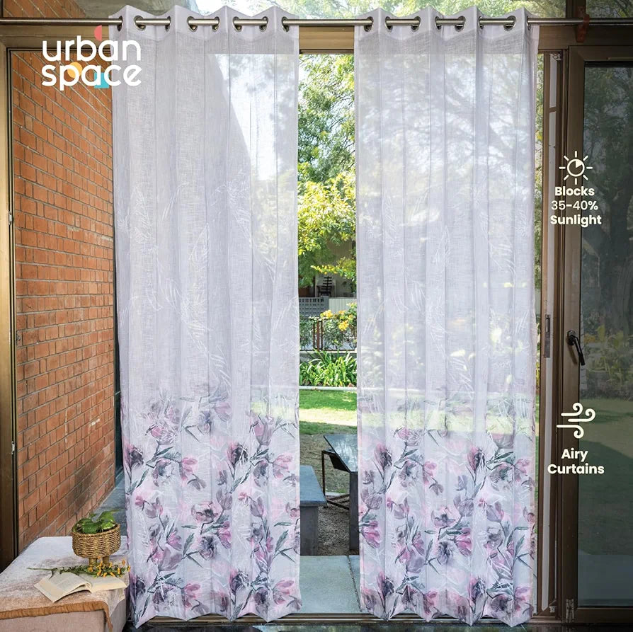 Urban Space Printed Sheer Curtains for Long Door 8 feet, 35-40% Light Filtering Textured Decorative Curtains with Eyelets and TieBack for Living Room, Set of 2 Sheer Curtains 