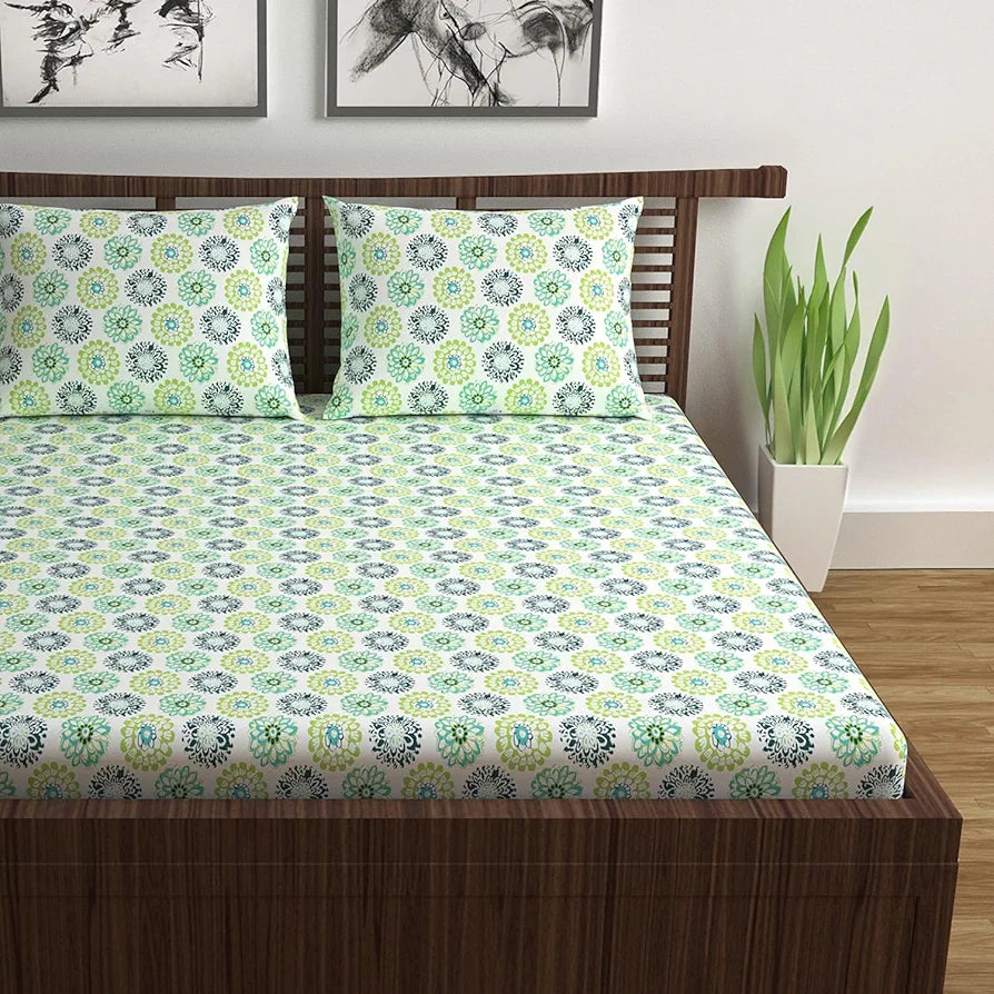 Divine Casa Double Size Bedsheet for Double Bed, 144 TC Pure Cotton Queen Size with 2 Pillow Covers | 222 by 254 cm | Floral | Green Blue