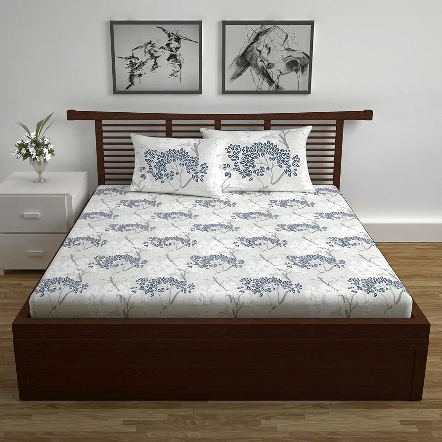 Divine Casa 144 TC 100% Cotton Double Bedsheet with 2 Pillow Covers | Skin-Friendly Fabric for Everyday Comfort | 254 X 222 CM | Floral Pattern | Grey Blue