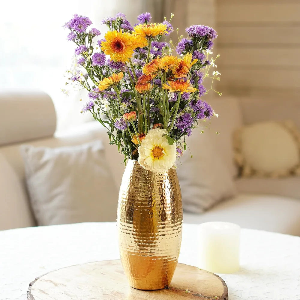 Behoma Metal Hammered Vase for Home Decor Decoratives for Indoor Living Room | Best Gift for Birthday Anniversary Valentine's Day |Golden Full Hammered Oblong Shape 1 Large Pcs 
