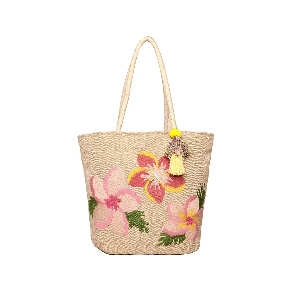 ASTRID Embroidered Floral Jute Tote Bag for Women and Girls with Zip, Tassels, Internal Zipper And Completely Biodegradable