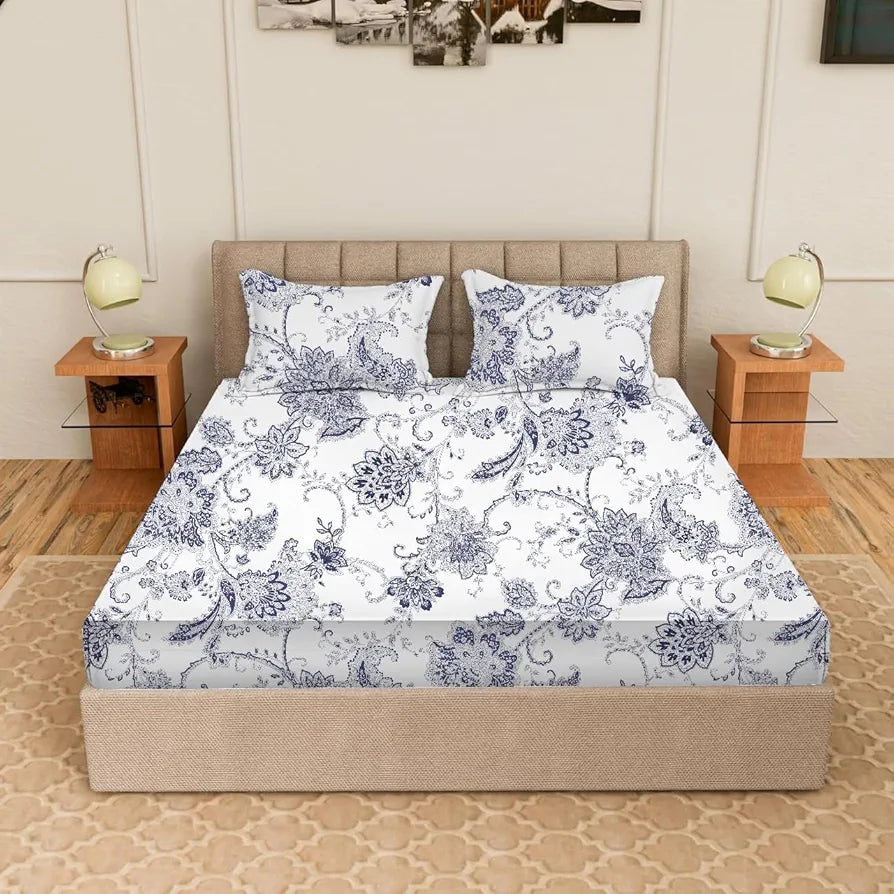 Trance Home Linen Skin Friendly 100% Cotton Printed Fitted Bedsheet for Queen Size Bed with 2 Pillow Cover - Premium 180TC 