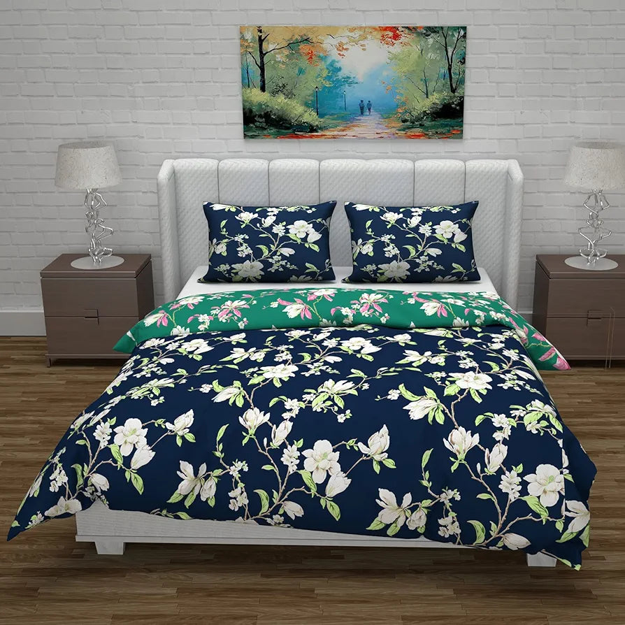 Divine Casa Micro Polyester Reversible Double Bed Queen Size Floral Printed Duvet Cover, Green & Navy Blue