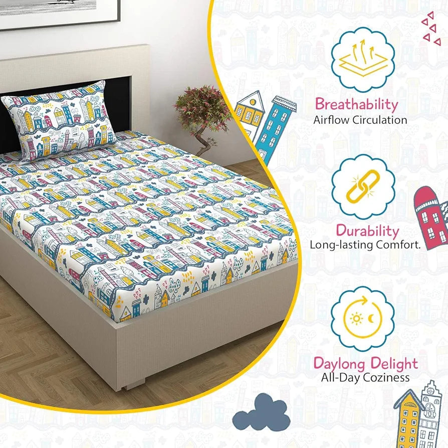 Divine Casa 144 TC 100% Cotton Single Bedsheet with 1 Pillow Cover | Skin-Friendly Fabric for Everyday Comfort | 223 X 145 CM | Abstract Pattern | Heaven White