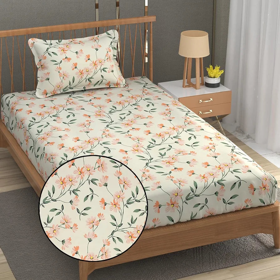 FRESH FROM LOOM Single Bed Microfiber Floral Print Bedsheet - 240 TC, Hypoallergenic, 1 Pillow Covers 