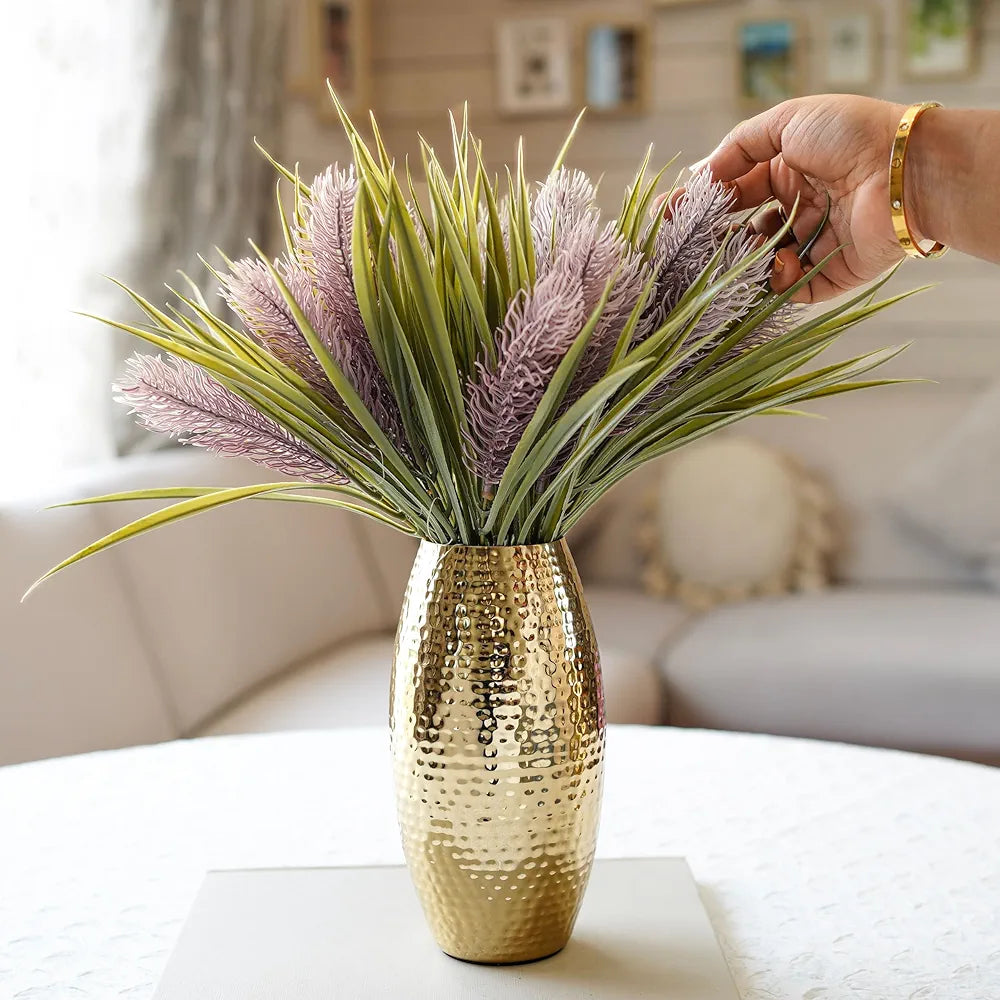 Behoma Metal Hammered Vase for Home Decor Decoratives for Indoor Living Room | Best Gift for Birthday Anniversary Valentine's Day |Golden Full Hammered Oblong Shape 1 Large Pcs 