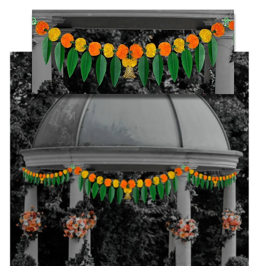 iHandikart Artificial Marigold Bandanwar Pack of 4 with Mango Leaves and Bells - 40 Inch, Yellow and Mango - Home & Festive Decorations, Housewarming Gift
