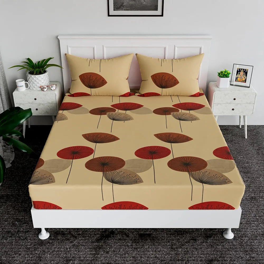 Kuber Industries Double Bedsheet | Bedsheet for Double Bed | Double Bedsheet with 2 Pillow Covers | Cotton Double Bed Sheet Set | Flower Bedsheet | 90X100 | Cream & Maroon, 350 tc